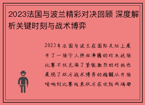 2023法国与波兰精彩对决回顾 深度解析关键时刻与战术博弈